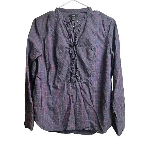 J.Crew Women's Blue Red Mini Windowpane Cotton Ruffle Popover Blouse Size 6 - Picture 1 of 8